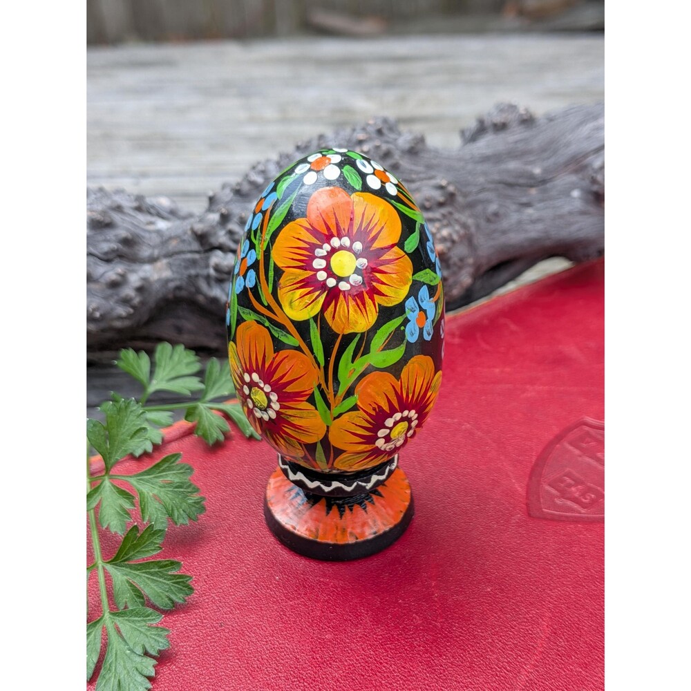 Vintage Hardwood Ukrainian Folk Art Egg With Stand
